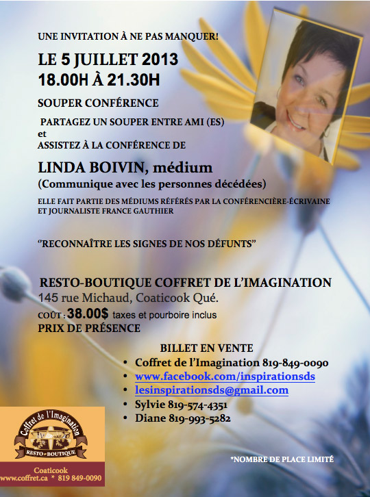 Vendredi 5 juillet  Souper conférence avec Linda Boivin